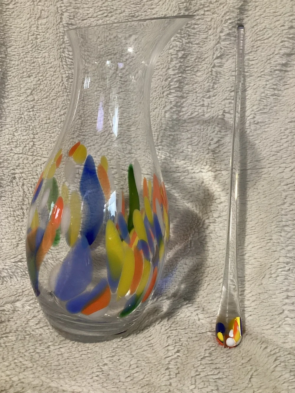 Vintage Hand Blown Art Glass Confetti Cocktail Pitcher w/ Matching Stirrer